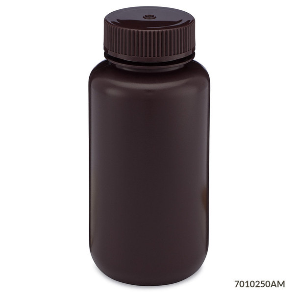 Globe Bottles, Diamond RealSeal, Wide Mouth Round, Amber Hdpe with Amber PP Closure, 250mL, 12/Pack