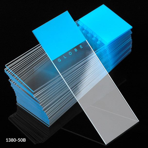 Globe Microscope Slides – Diamond White Glass, 25 X 75mm, 90° Ground Edges, Blue Frosted, Ground Edges