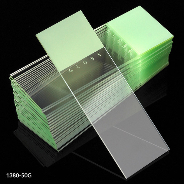 Globe Microscope Slides – Diamond White Glass, 25 X 75mm, 90° Ground Edges, Green Frosted, Ground Edges
