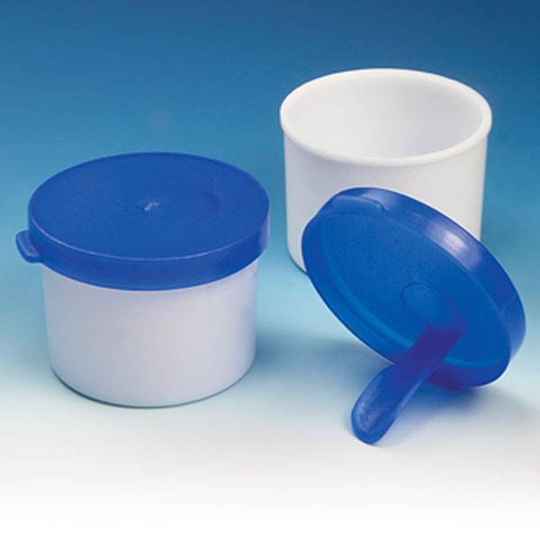Globe Container, Fecal, 20mL, White Container with Blue Cap, Attached Spoon, 100/Bag, 12 Bags/Case