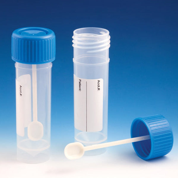 Globe Container, Fecal, 30mL, Attached Screw Cap with Spoon, PP, Conical Bottom, Self-Standing, Attached ID