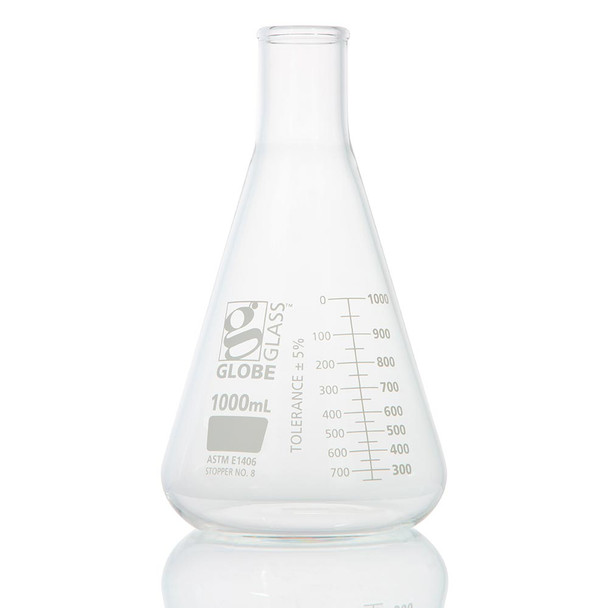 Globe 1000mL Erlenmeyer Flask – Globe Glass, Heavy Duty, Narrow Mouth, Dual Graduations, Dual Graduations