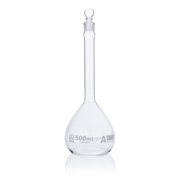 Globe 500mL Volumetric Flask – Globe Glass, Class A, 6/Box, Class A, For Laboratory Testing