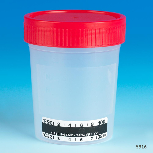 Globe Specimen Container – 500 per case, With Attached Thermometer Strip, Separate 1/4-Turn Red Screwcap