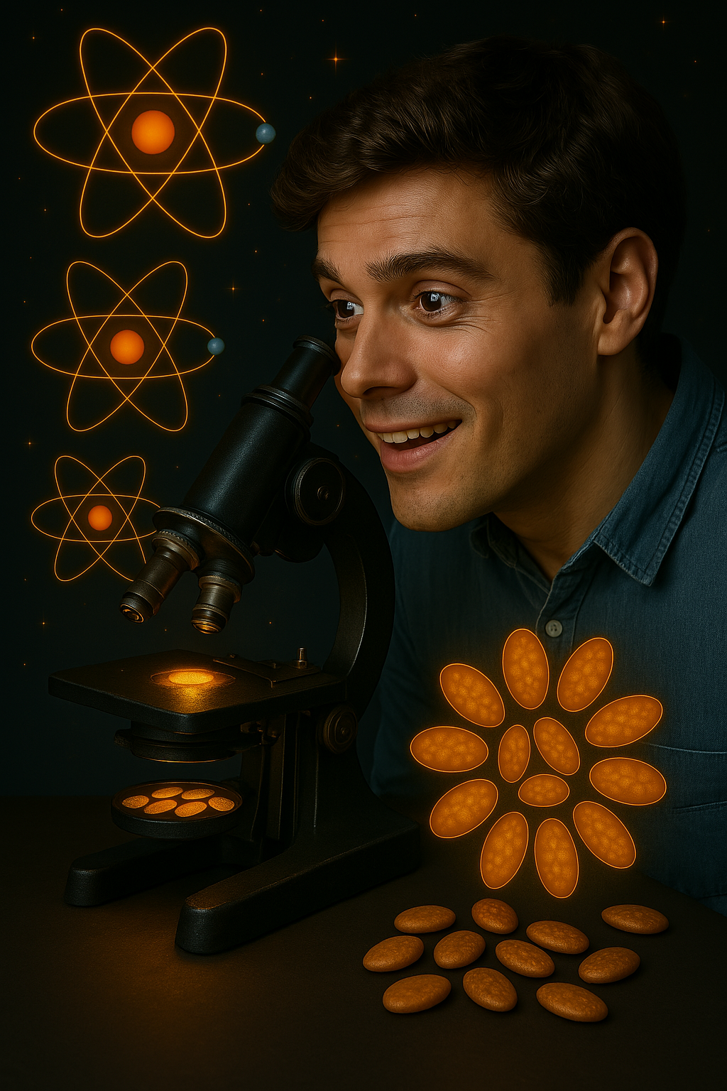 man looking at mushroom spores under microscope
