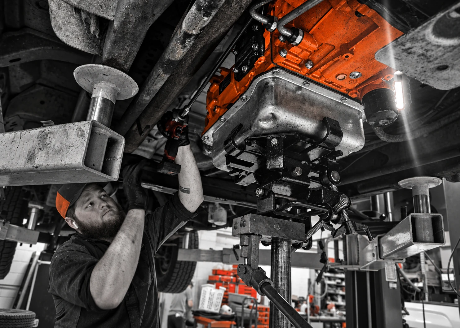 Merchant Automotive technician servicing an Allison transmission in the Holland, Michigan shop