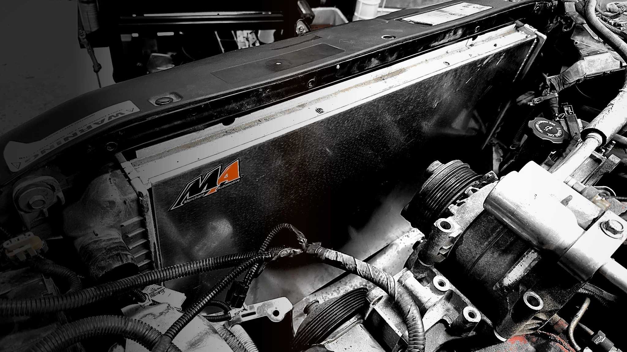 Merchant Automotive Radiator Shield installed on a Duramax radiator
