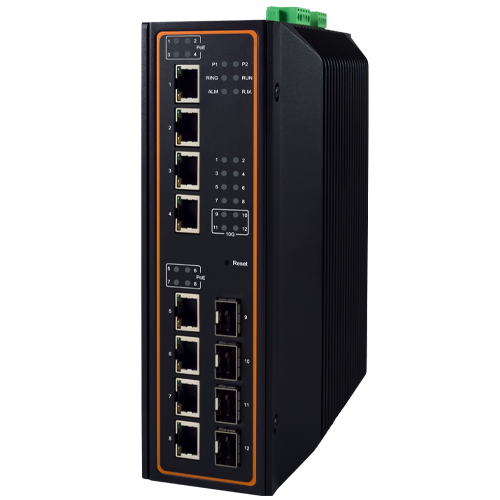 12-Port High-Bandwidth Industrial Managed Gigabit PoE Switch
Up to 8 10/100/1000 RJ45 ports or 4 10/100/1000 RJ45 ports and 4 100/1000 BASE-X SFP slots. Plus 4 dedicated 1/10G Uplink SFP slots
Up to 8x 802.3af/ 802.3at PoE/PoE+ Power over Ethernet ports, with
maximum 30W PoE power per port and up to 240W power budget
Maximum 112 Gbps High-Performance non-blocking Switching Fabric
Redundancy through ITU-T G.8032 ERPS Ring, RSTP, STP, MRP (Client)
IEEE 1588v2 Precision Time Protocol HW-Based E2E Transparent clock
Wide temperature operations, from -40°C to +70°C
UL 62368-1:2014, CE/FCC, NEMA TS-2 certified for traffic control applications
Compliant with KEMA/DNV.GL
Security features based on IEC62443-4-2 12-Port High-Bandwidth Industrial Managed Gigabit PoE Switch
Up to 8 10/100/1000 RJ45 ports or 4 10/100/1000 RJ45 ports and 4 100/1000 BASE-X SFP slots. Plus 4 dedicated 1/10G Uplink SFP slots
Up to 8x 802.3af/ 802.3at PoE/PoE+ Power over Ethernet ports, with
maximum 30W PoE power per port and up to 240W power budget
Maximum 112 Gbps High-Performance non-blocking Switching Fabric
Redundancy through ITU-T G.8032 ERPS Ring, RSTP, STP, MRP (Client)
IEEE 1588v2 Precision Time Protocol HW-Based E2E Transparent clock
Wide temperature operations, from -40°C to +70°C
UL 62368-1:2014, CE/FCC, NEMA TS-2 certified for traffic control applications
Compliant with KEMA/DNV.GL
Security features based on IEC62443-4-2