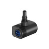 Compact black fountain pump with blue intake front view.