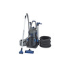 A sleek black and silver pond vacuum with a sturdy handle and large wheels for easy mobility.