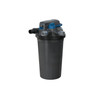 Tall black pressurized pond filter with multiple hose connections and a blue handle for easy cleaning and maintenance.