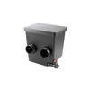 Black pond filtration module with dual inlets and outlet connections on front panel. Black pond filtration module with dual inlets and outlet connections on front panel.