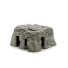 Artificial rock cave ornament with multiple openings for use in ponds or aquariums.