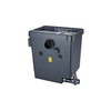 Large black pond filtration unit with front inlet, adjustment knobs, and bottom waste outlet valve. Large black pond filtration unit with front inlet, adjustment knobs, and bottom waste outlet valve.