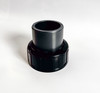 Front view of a 1.5-inch union showing the knurled collar threaded onto the filter port with the PVC threaded fitting seated inside.