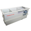 Top-Side angled view of CombiBio 50 TC. This filter is compartmentalized into three sections, and visible in the right-hand section are the steel mesh screens of 70 microns, 5-nozzle spray bar, and external drum motor.
