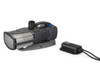 Composite view of the Aquarius pump mounted on its gray base next to the separate black 12 V DC power controller box, with cables coiled between them.