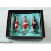 Set of three colorful koi fish keychains (Showa, Sanke, Kohaku) neatly displayed in a presentation box with a teal lining and brown frame.