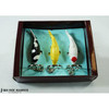 Set of three miniature koi fish keychains displayed in a presentation box, featuring black-and-white Shiro, golden Ogon, and white Tancho with a red spot.