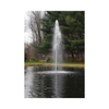 Fountain float cover installed in pond producing tall vertical water spray display.
