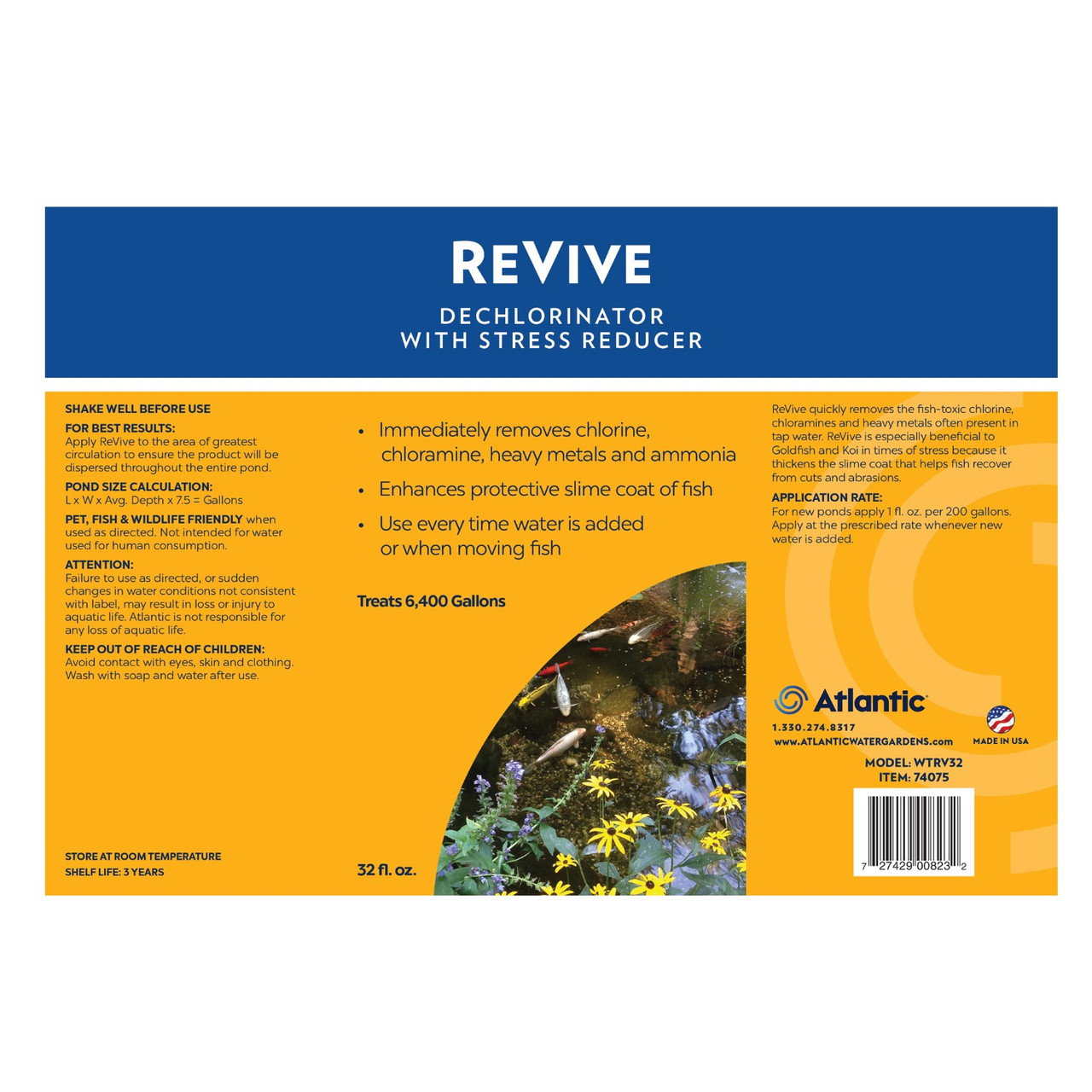 Front view of Atlantic ReVive WTRV32 dechlorinator and stress reducer bottle. Front view of Atlantic ReVive WTRV32 dechlorinator and stress reducer bottle.