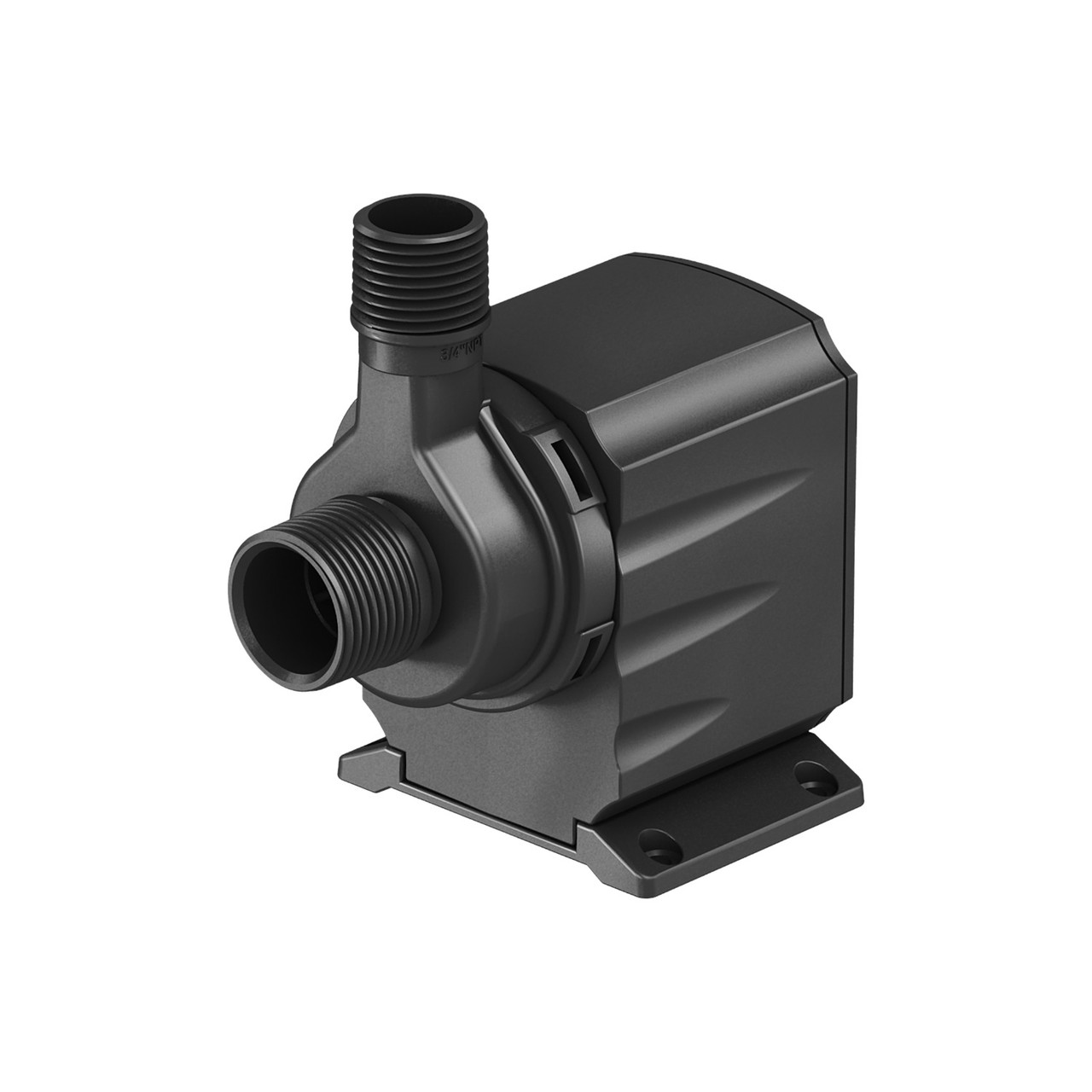 MD-Series pond pump with protective intake cover and threaded outlet, angled front view.