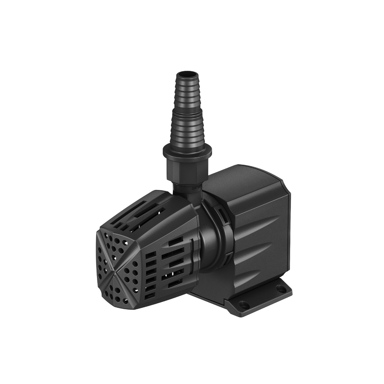 MD-Series pond pump with protective intake cover and threaded outlet, angled front view.