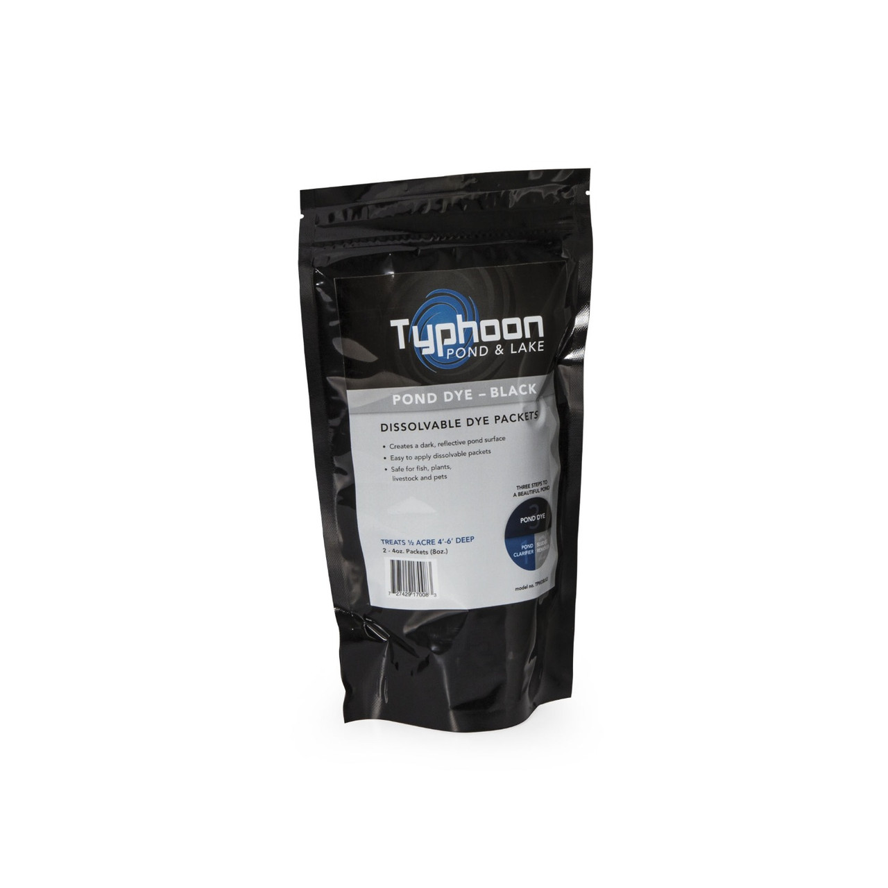 Typhoon Pond Dye product chart showing sizes, dosage, and treatment coverage.