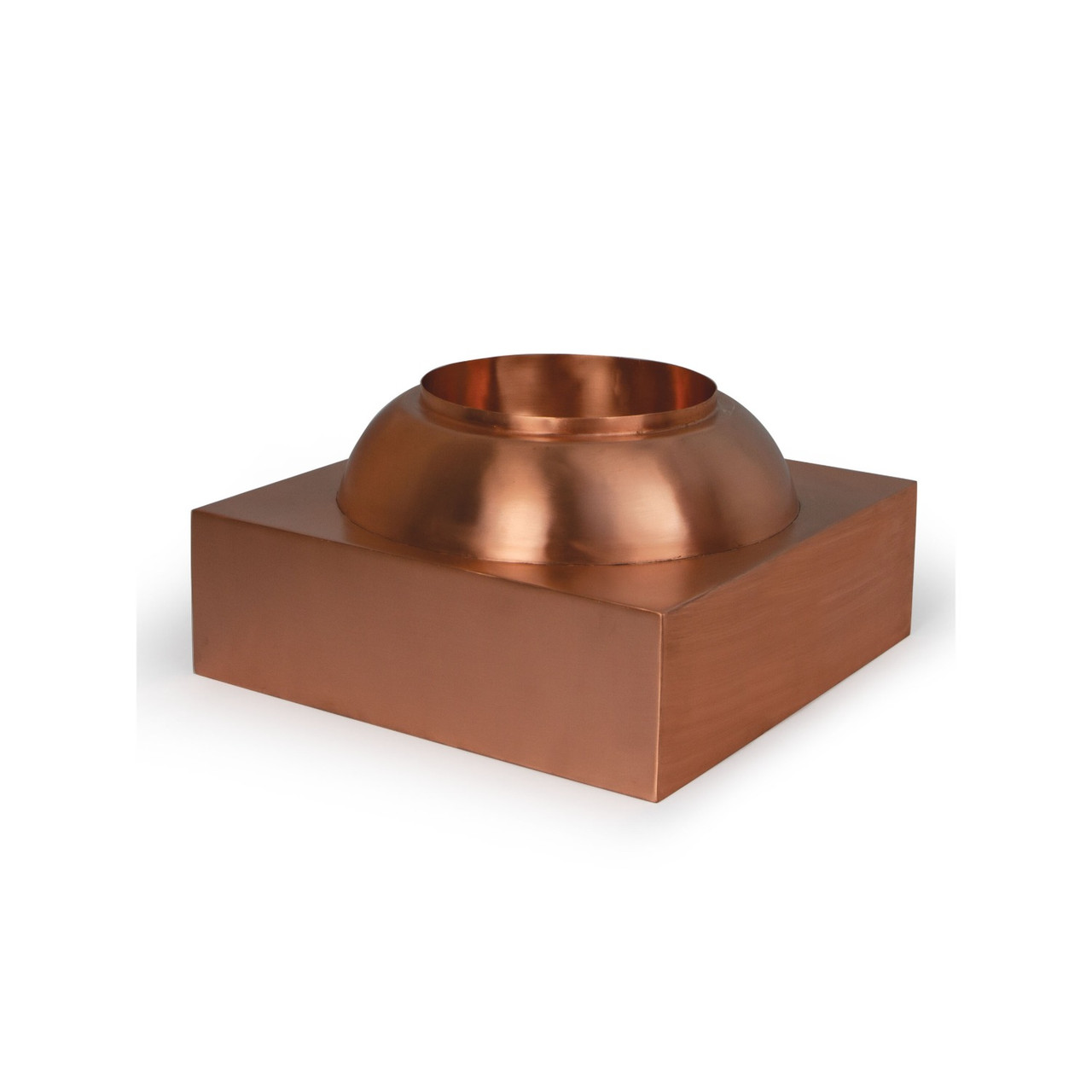 Square copper fountain bowl with round center opening for water feature installations.