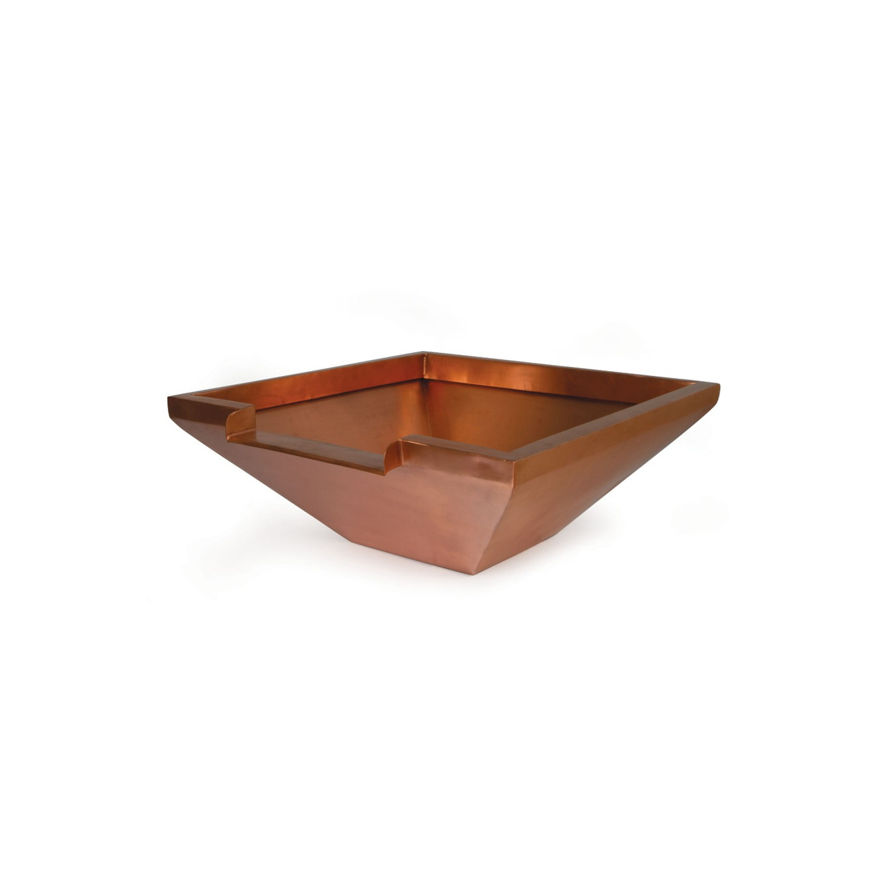 Copper square water bowl with spillway opening for modern pond and fountain installations. Copper square water bowl with spillway opening for modern pond and fountain installations.