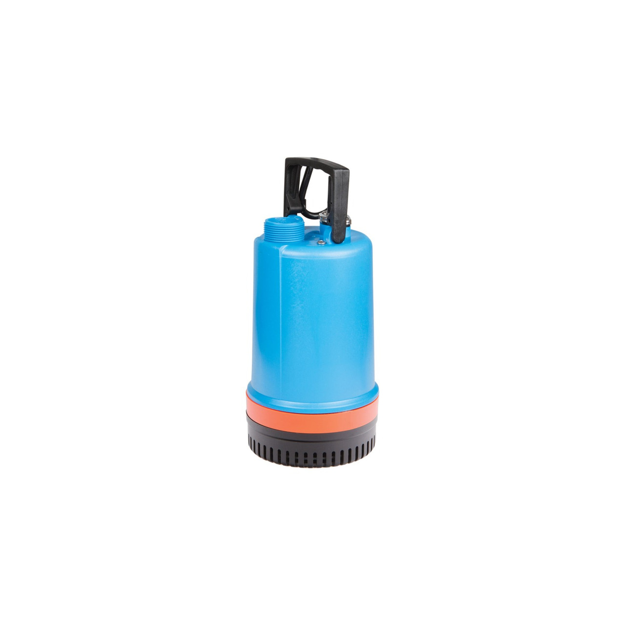 Blue submersible utility pump with black handle and orange accent, designed for pond and water feature use. Blue submersible utility pump with black handle and orange accent, designed for pond and water feature use.