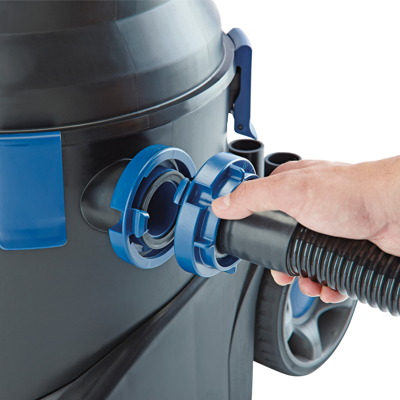 A sleek black and silver pond vacuum with a sturdy handle and large wheels for easy mobility.
