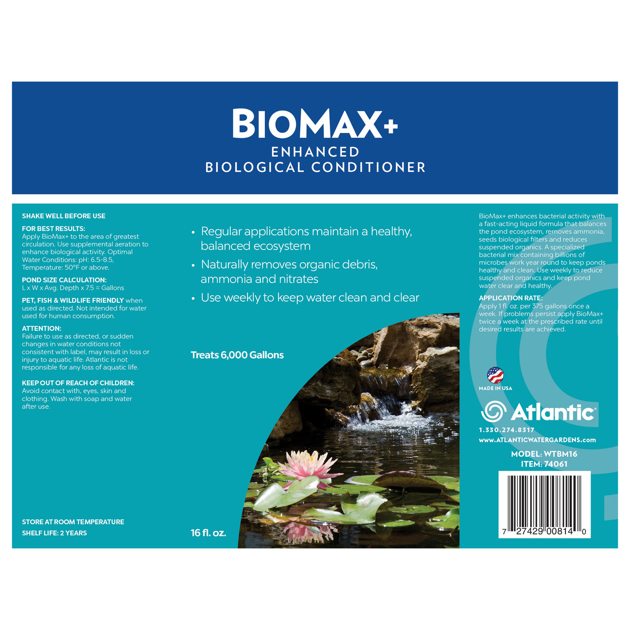 Biomax+ Enhanced Biological Conditioner bottle for maintaining healthy pond ecosystems and reducing organic debris.