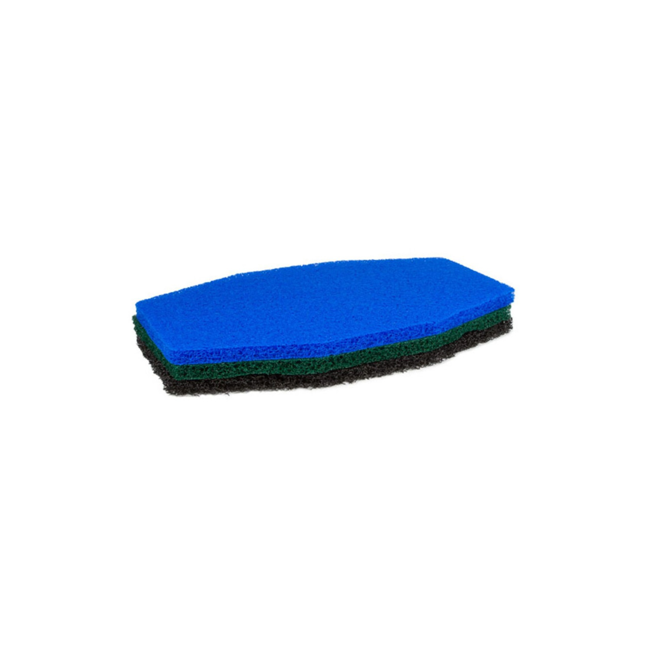 Set of blue, green, and black pond filter pads stacked for biological and mechanical filtration.