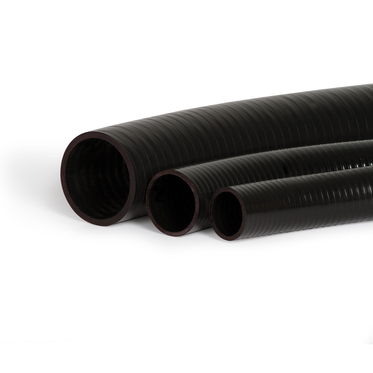 Coiled black corrugated pond tubing for flexible water flow connections in pond and water feature installations. Coiled black corrugated pond tubing for flexible water flow connections in pond and water feature installations.