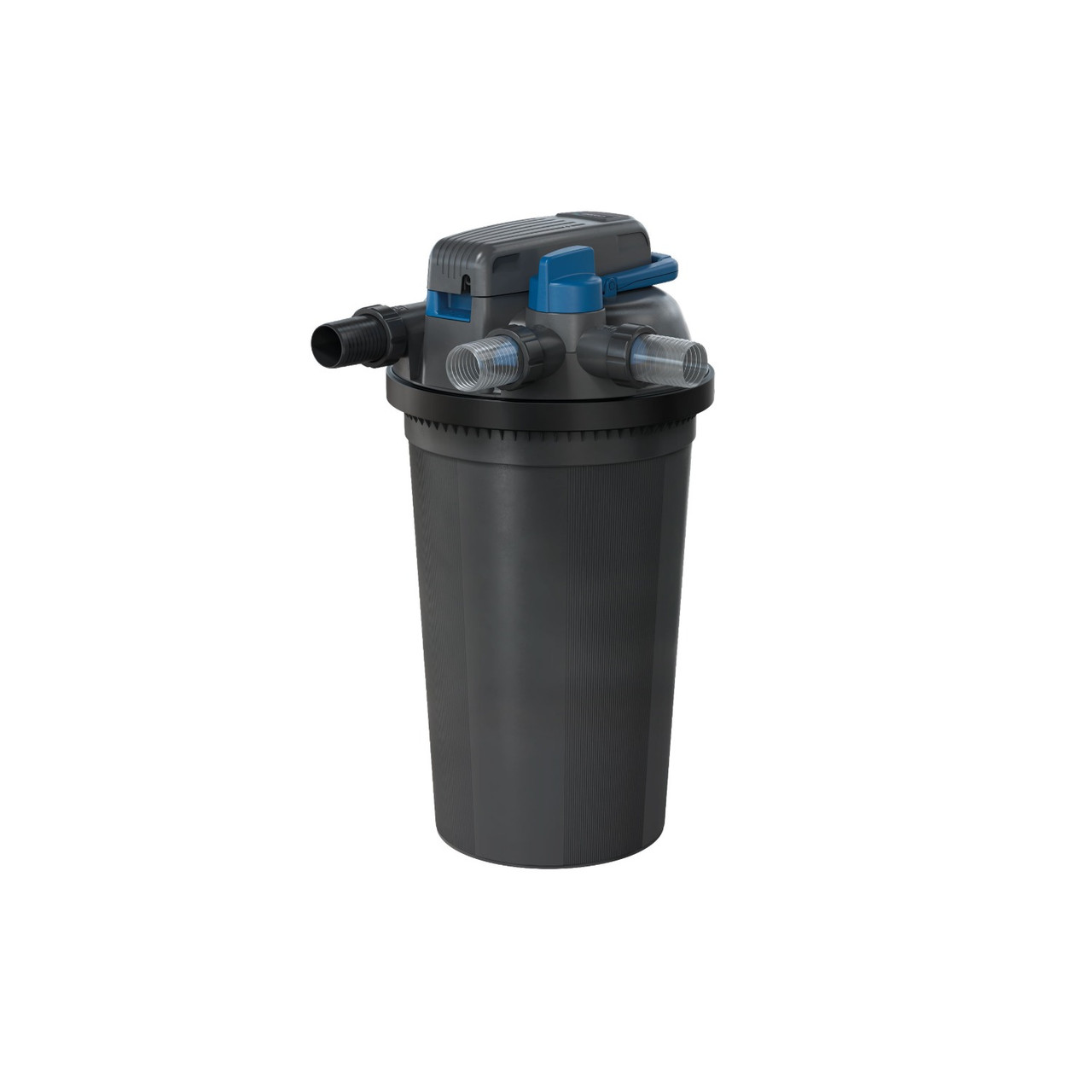 Tall black pressurized pond filter with multiple hose connections and a blue handle for easy cleaning and maintenance.