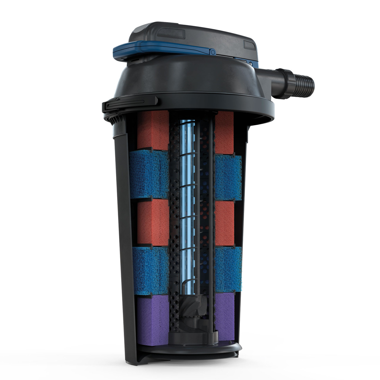 Tall black pressurized pond filter with multiple hose connections and a blue handle for easy cleaning and maintenance.