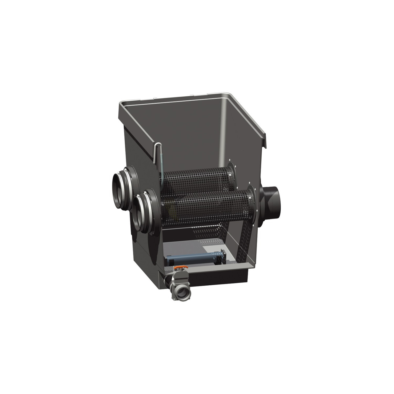 Black pond filtration module with dual inlets and outlet connections on front panel. Black pond filtration module with dual inlets and outlet connections on front panel.