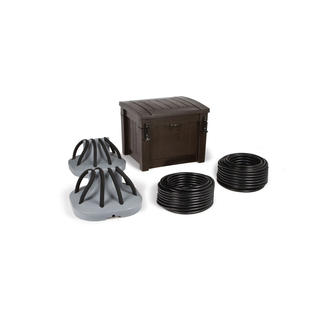Complete pond aeration kit with storage box, two diffusers, and coiled black tubing.