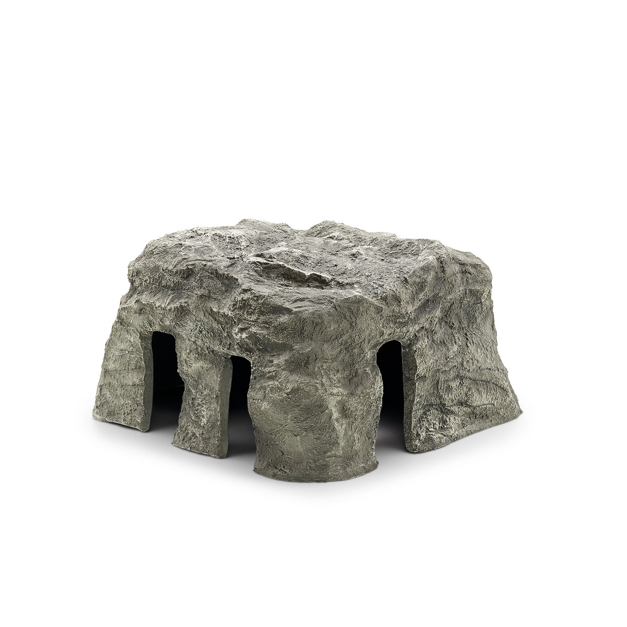 Artificial rock cave ornament with multiple openings for use in ponds or aquariums.