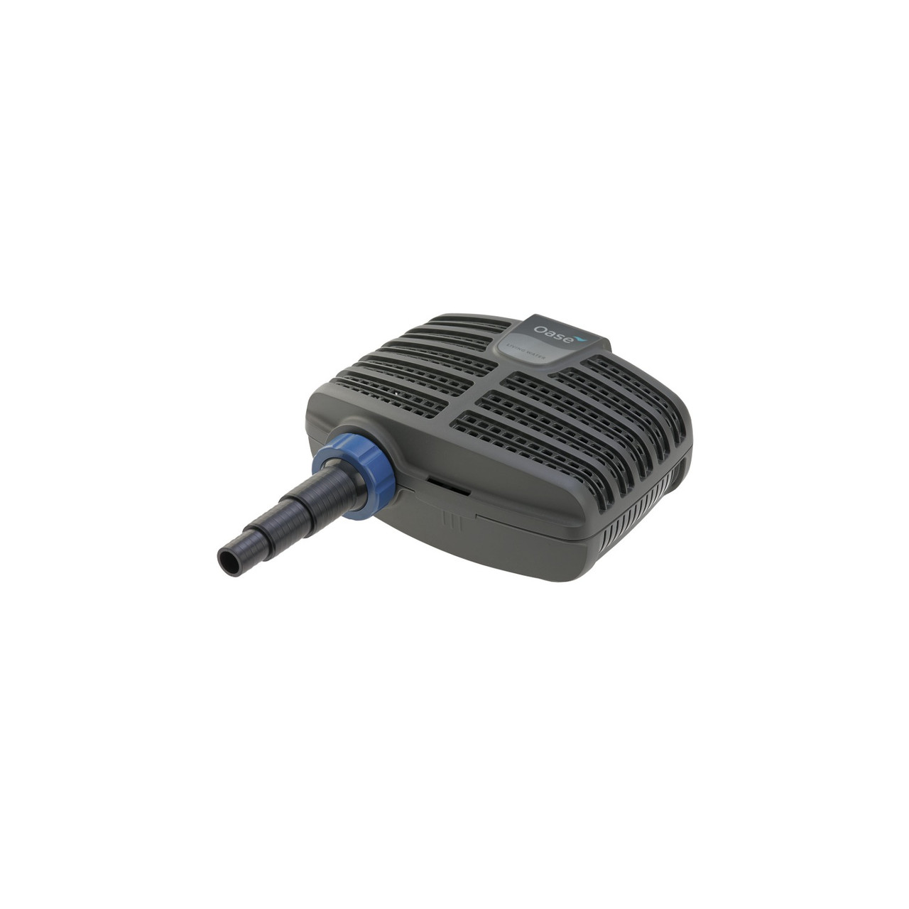 Oase pond filter pump with black vented housing and blue hose connector for water circulation.