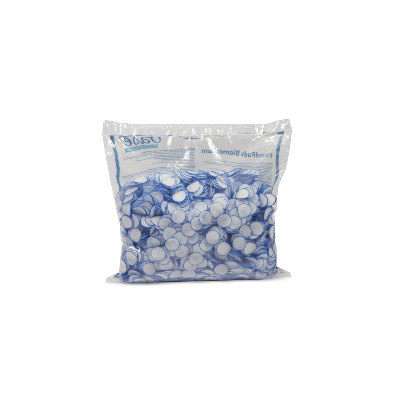 Pile of round white PondPads with blue edges for pond filtration and bio media.