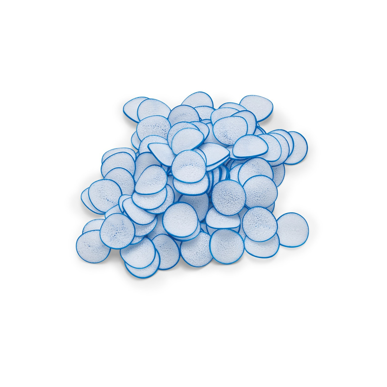Pile of round white PondPads with blue edges for pond filtration and bio media.