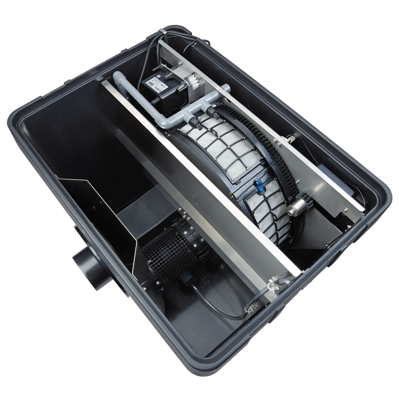 Large black pond filtration unit with front inlet, adjustment knobs, and bottom waste outlet valve. Large black pond filtration unit with front inlet, adjustment knobs, and bottom waste outlet valve.
