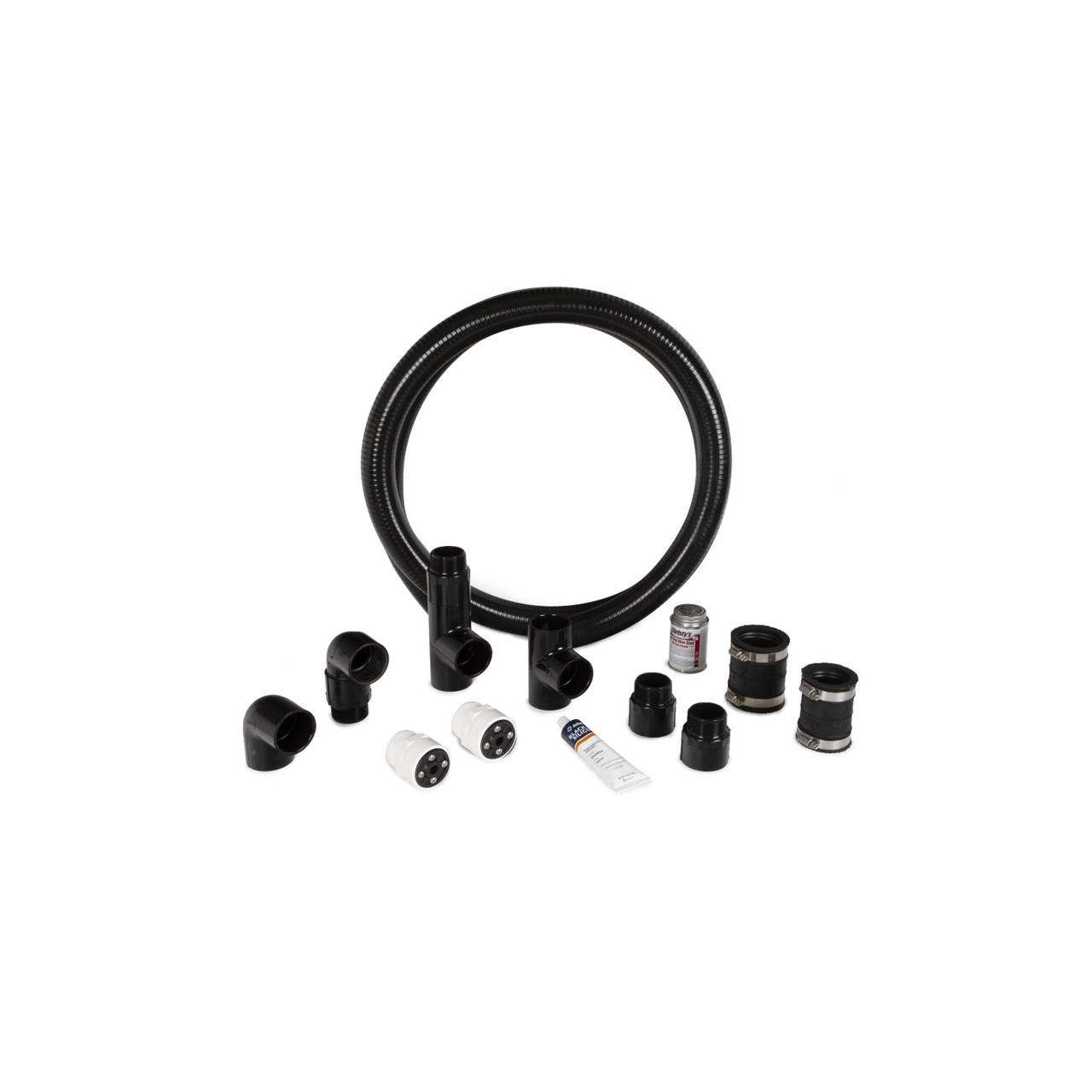 Pond plumbing kit with flexible tubing, PVC fittings, clamps, connectors, and sealant for installation. Pond plumbing kit with flexible tubing, PVC fittings, clamps, connectors, and sealant for installation.