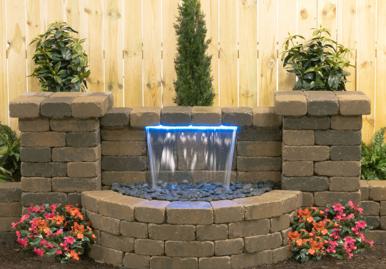 Clear acrylic waterfall spillway with built-in blue LED light strip for ponds and water features.