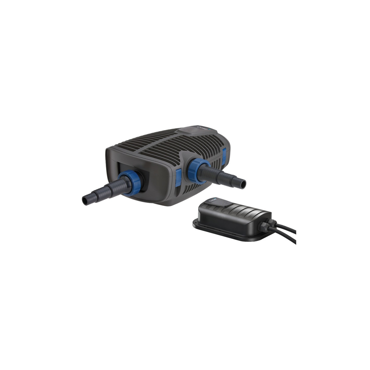 Oase pond pump with dual hose connectors and external controller for efficient water circulation.
