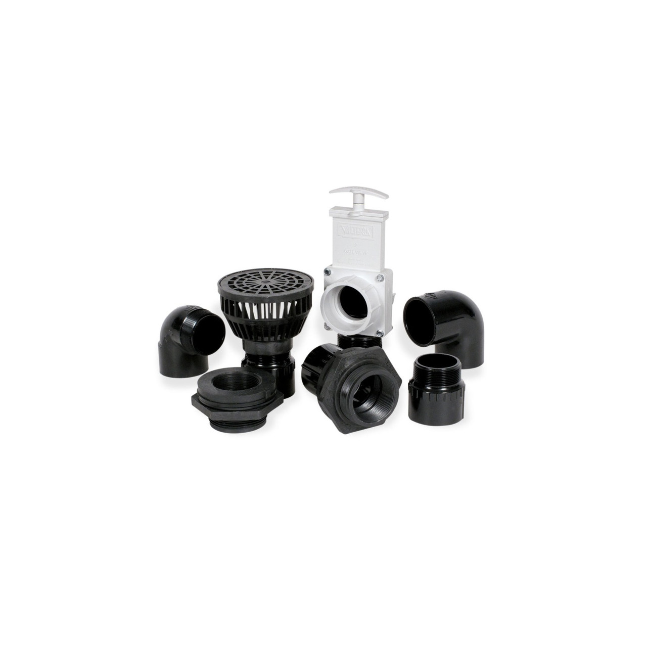 Assorted pond plumbing fittings including elbows, gate valve, strainer, and bulkhead connectors.