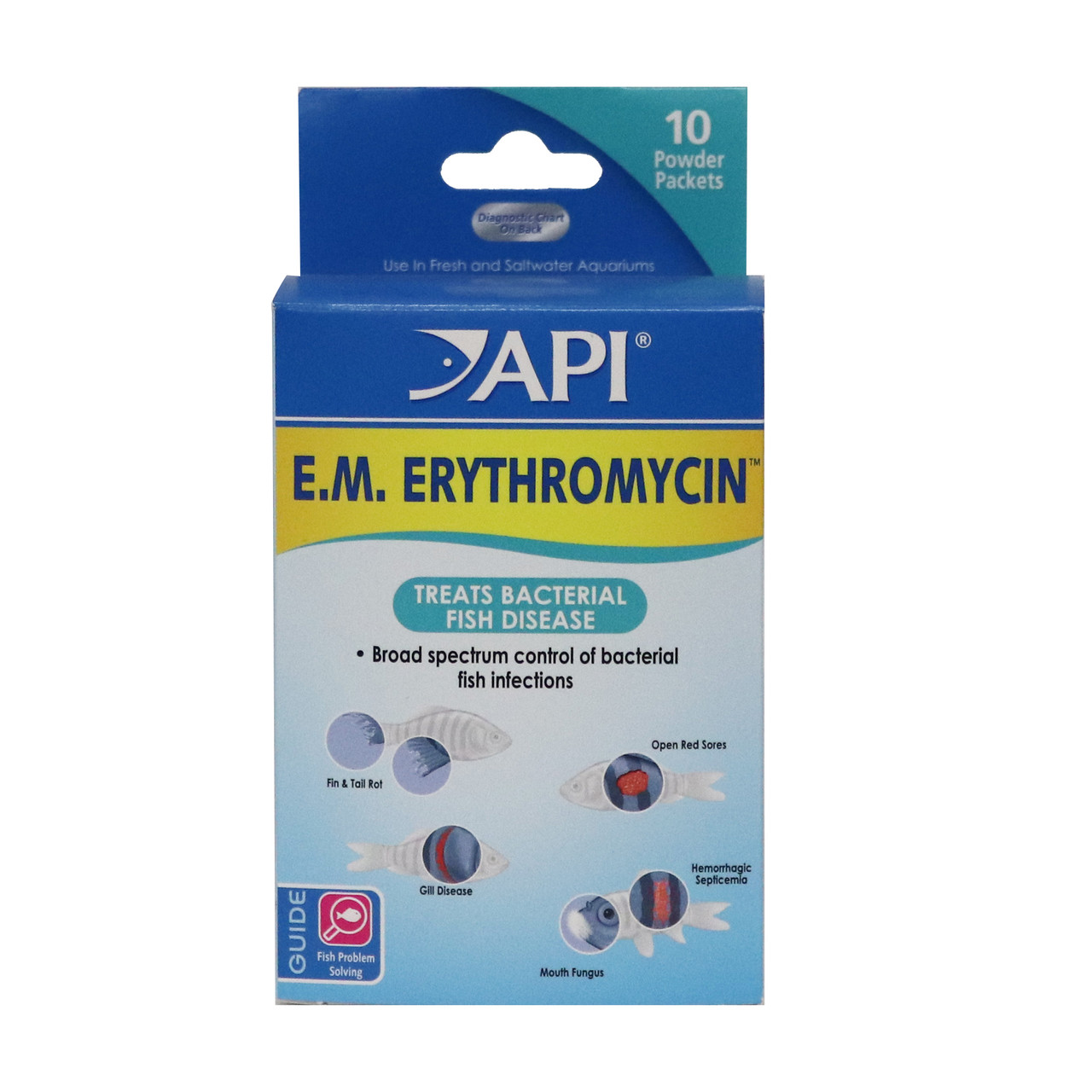 Front view of API E.M. Erythromycin 10-pack box showing blue/yellow label, product name, ‘treats bacterial infections,’ and fish icons.