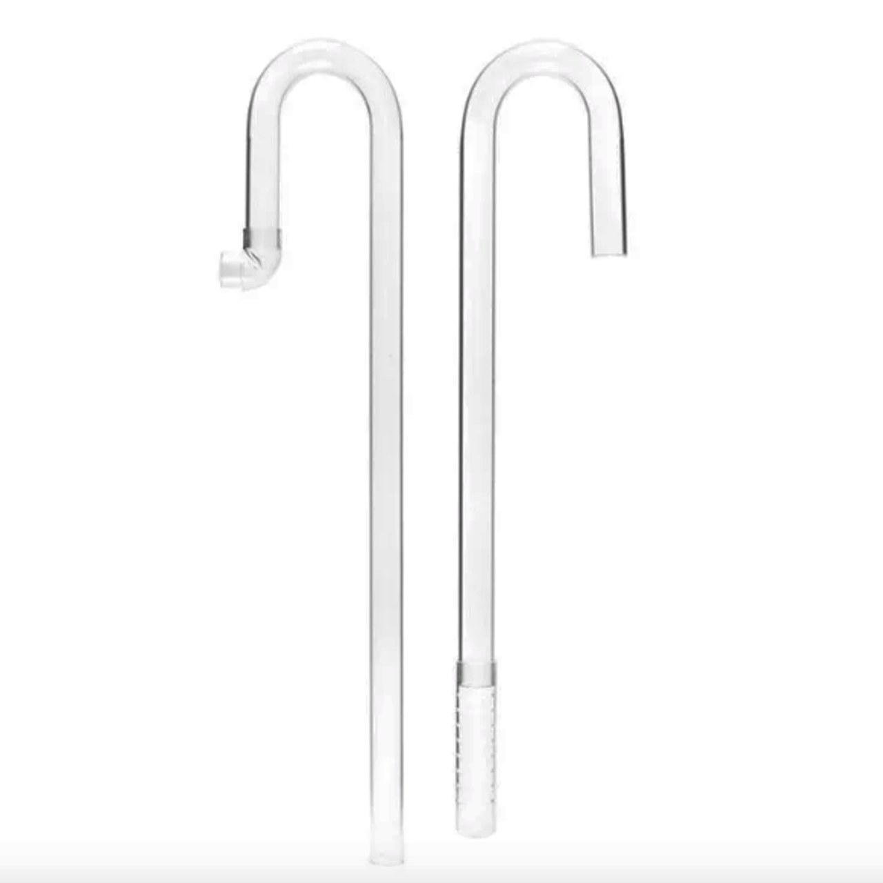 Front view of Aquario Neo Flow Large set with clear intake and outflow pipes, hose adapters, and tank mount clips arranged side by side.